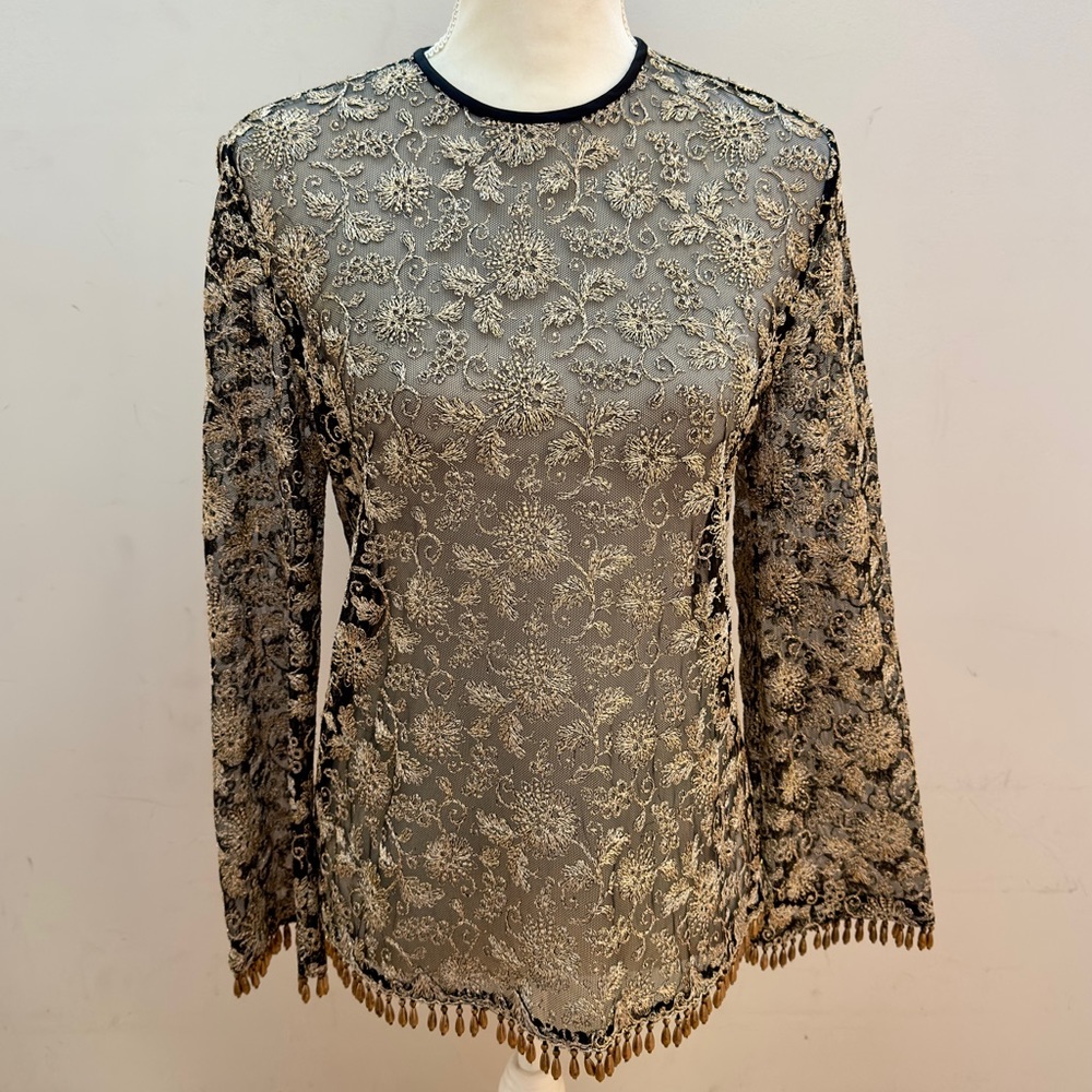 Fabulous, Unique Sheer Black Top Embroidered with Gold Thread, sz S/M